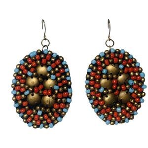 Womens Native Faux Blue Coral Color Bead Artisan Sewed Leather Vintage Earrings